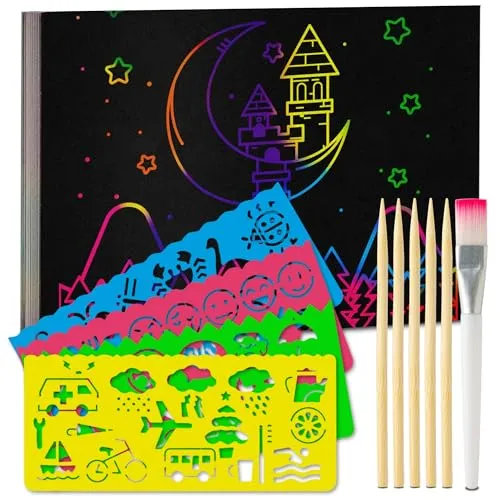 Tritart Kratzbilder Set für Erwachsene und Kinder - 13x18,5cm Scratch Painting Scratch Art - 55 Blatt Regenbogen Kratzbild Kratzpapier - mit Schablonenlinealen Holzstiften