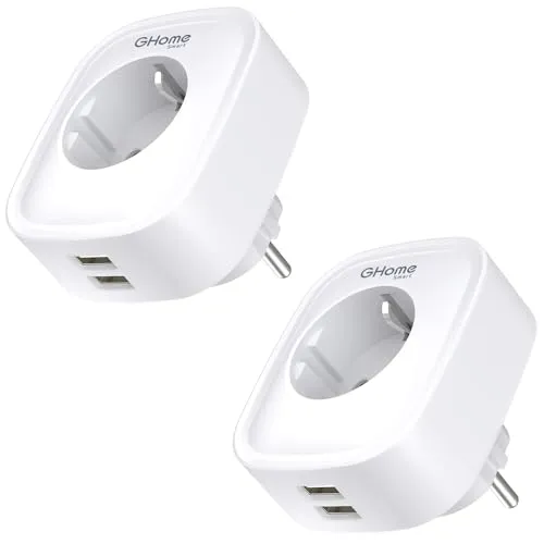 GHome Smart mit USB 16A, WLAN Steckdose mit Stromverbrauch Messen, mit App Fernsteuerung,Funktionieren mit Alexa,Google Assistant,Sprachsteuerung und Zeitschaltuhr,2er Pack, Weiß
