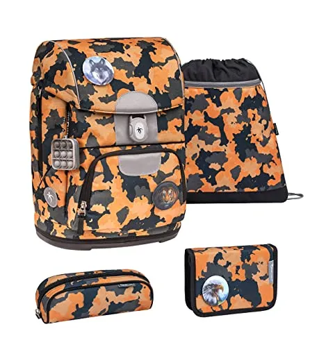 Belmil Motion ergonomisches Schulranzen Set 5-teilig aus recyceltem Material mit Brustgurt, Hüftgurt, Magnetverschluss, Patch Set 3 Stück (405-74/S Orange Camouflage)
