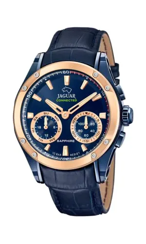JAGUAR Analog J960/1 - Elegante Hybrid-Armbanduhr für Herren - Armbanduhren für Herren mit rundem 316L Edelstahlgehäuse in Blau, wasserdicht bis 10 ATM und stilvollem blauen Lederarmband mit Doppeldruckverschluss.