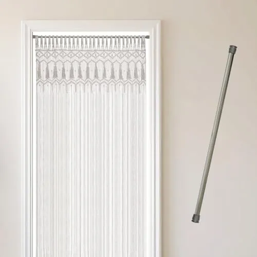 Cozyor Makramee Boho Vorhang + Klemmstange 70-120 cm ohne Bohren Türvorhang Fenstervorhang 132x200cm Raumtrenner, Wandbehang & Deko weiß Silber, Hochzeit Traubogen
