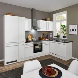 Küchenblock JAZZ 8 mit E-Geräten - Ecke-Kühlschrank-Apotheker in Weiß - Küchenzeile mit modernen E-Geräten, platzsparend und funktional, ideal für kleine Küchen.