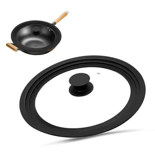 Universaldeckel Schwarz, Ø 24, 26 und 28 Topfdeckel hitzebeständig mit abgestuften Silikonrand, Glasdeckel Hitzebeständig 3 Größen mit Abgestuften Silikonrandmit und Dampfloch, für Pfannen Töpfeee