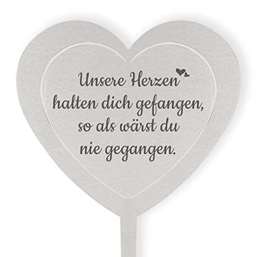 DOLORINO Grabstecker Edelstahl Herz mit Spruch | Unsere Herzen halten Dich gefangen | Grabschmuck | in Liebe für einen geliebte Menschen | eine wetterfeste Erinnerung aus Edelstahl