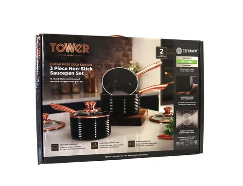 Tower T800001RB Linear Roségold 3-tlg. Topfset - Topfset Beschichtet Antihaft Kochtöpfe in 16cm, 18cm und 20cm - Schwarz und Roségold