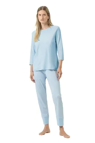 Mey Nachtwäsche Serie Simple Stripes Damen Schlafanzüge Alice Blue S(38) - Bequemer 2-teiliger Pyjama mit legerer Passform. Unifarbenes Shirt mit 3/4-Ärmeln und Rundhalsausschnitt, kombiniert mit einer stilvollen Hose im Streifen-Look. Ideal für entspannte Nächte.
