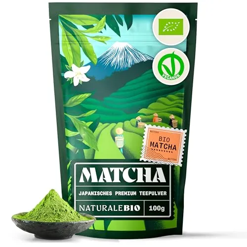 NaturaleBio Matcha Tee Pulver Bio - Premium-Qualität aus Japan - 100g - Matchatee aus Uji, Kyoto, mit intensivem Smaragdgrün. Ideal für Latte und Smoothies, 100% rein und organisch ohne Pestizide.