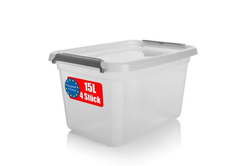 BigDean 4 Stück 15 L Aufbewahrungsbox mit Deckel - Aufbewahrungsboxen aus BPA-freiem, lebensmittelechtem Kunststoff, stapelbar und mit sicherem Klickverschluss. Ideal für die Organisation von Haushaltsartikeln und mehr.