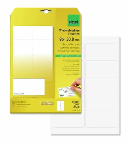 SIGEL LA216 Etiketten selbstklebend, bedruckbar, wieder rückstandsfrei ablösbar, weiß, 96 x 50,8 mm, 250 Etiketten = 25 Blatt, abgerundet