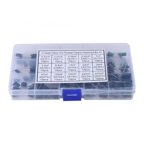 DollaTek 150PCS 15 Wert (jede 10pcs) 100V 0.33NF- 470NF Polyester Film Kondensator Sortiment Kits + Kunststoff Box