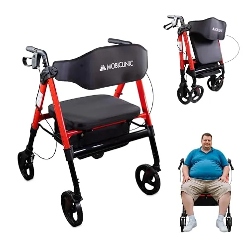 Mobiclinic® Gehhilfe Klappbar XXL - Für bis zu 204 kg - Robuster Rollator für übergewichtige Personen mit verstellbarem Lenker und Sitz, 360°-Rollen und XL-Korb für optimalen Komfort und Stauraum.