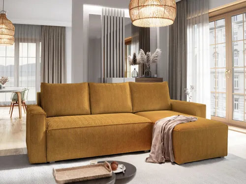 Masseno Ecksofa POTARO mit Schlaffunktion und Bettkasten - Ecksofa mit Schlaffunktion und praktischem Stauraum, elegantes Design in Gelb, ideal für stilvolle Wohnzimmer und überraschende Übernachtungsgäste.