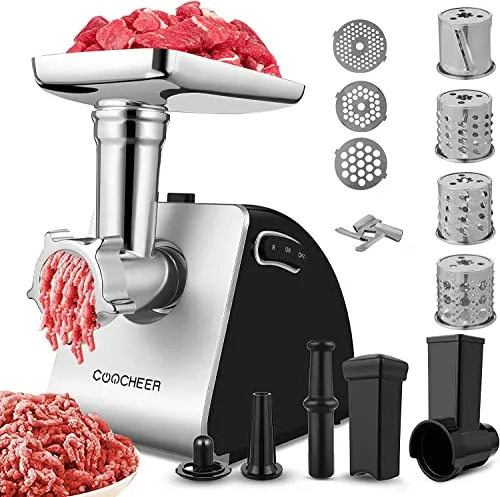 Nictemaw Fleischwolf Elektrisch 5 in 1 Multi Küchenmaschine mit 4 Klingen und 3 Edelstahl schneidplatten, Wurstmaschine, Aufsätze für Cookie