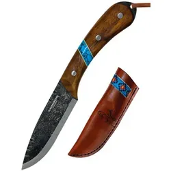 Blue River Outdoormesser mit Walnussholz-Griff - Taschenmesser mit geschärfter 1095er Kohlenstoffstahlklinge und einzigartigem Walnussholzgriff. Inklusive stabiler Lederscheide und Gürtelschlaufe – ideal für Abenteuer in der Natur.