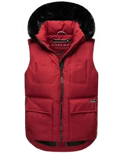 Navahoo Damen ärmellose Winterweste mit Kapuze und abnehmbarem Kunstfell Zimthäschen XIV Dark Red Gr. S