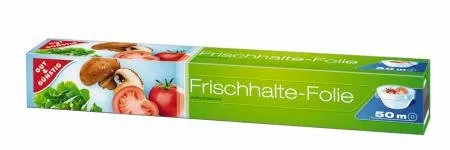 Gut und Günstig Frischhaltefolie selbsthaftend 75 m - Küchenabfalleimer, selbsthaftend für müheloses Abdecken von Lebensmitteln und Frischeerhalt über 75 m.