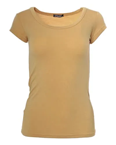 Easy Young Fashion - Damen Basic Rundhals T-Shirt - Kurzarm Unterziehshirt Skinny Fit 1001 - Camel S