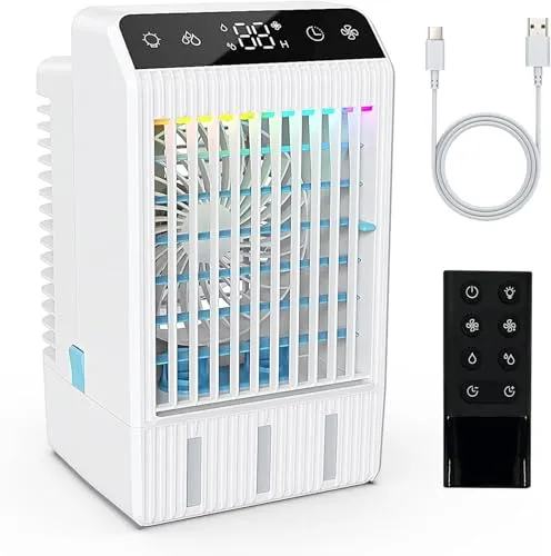 Klimaanlage Mobil, Leise Luftkühler mit 1000 ml Wassertank, 2-12H Timer, 4 Geschwindigkeiten 7 Farben Nachtlicht, Mini Klimagerät ohne Abluftschlauch, Luftkühler Geeignet für Schlafzimmer (White)