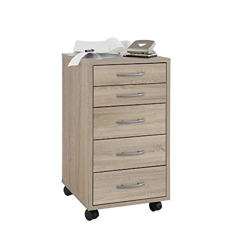 FMD Möbel 336-001E Freddy Beistellcontainer - Flache Aktenschubladen, in Eiche Nachbildung mit hoher Kratzfestigkeit durch Melaminharzbeschichtung, ideal für modernen Stauraum.