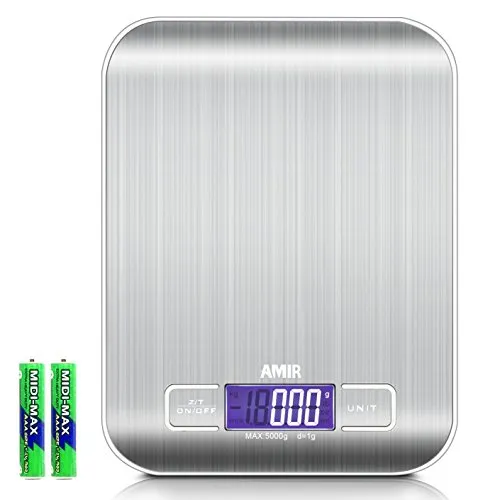 AMIR Küchenwaage 5kg, Digitalwaage Professionelle Waage Präzision auf bis zu 1g, Electronische Waage, Briefwaage mit 6 Wiegeeinheiten, Tara-Funktion, LCD-Display, Auto-Off