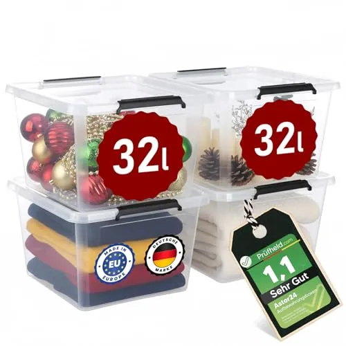 astor24 Aufbewahrungsbox mit Deckel - 4x 32 L - transparent Organizer - Aufbewahrungsbehälter mit Deckel, lebensmittelecht und stapelbar. Ideal für Haushalt, Büro und Werkstatt – sicher verstauen von Spielzeug, Lebensmittel und Kleidung.