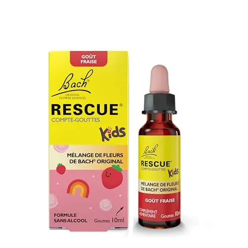 RESCUE Kids – Tropfer mit Erdbeergeschmack – emotionales Wohlbefinden – Mischung aus 5 Original Bachblüten – ideal für Einschulung, Reisen und Urlaub – ohne Alkohol – Flasche 10 ml