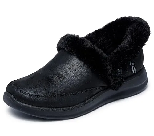 Skechers Cozy Escape Hausschuhe Schwarz EU 36 - Trendige Hausschuhe mit rutschhemmendem Slipper-Design, kuscheligem Kunstpelz und super weicher Air-Cooled-Memory-Foam für optimalen Komfort. Ideal für entspannte Stunden zu Hause!