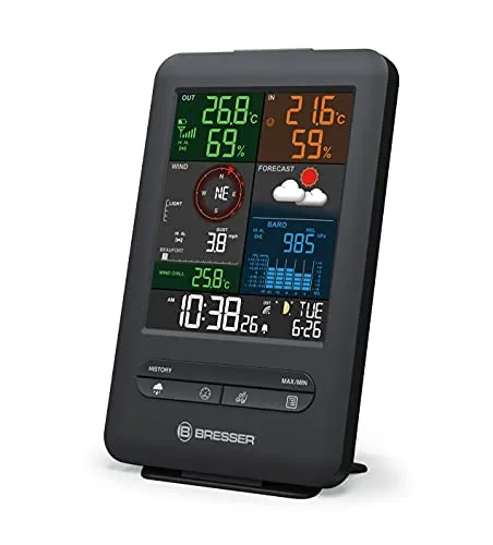 Bresser Basisstation für 7002525 Funk Wetterstation 5-in-1 - Erweitern Sie Ihr Wetter Center 5-in-1 um eine zusätzliche Basisstation mit Farbdisplay, Weckfunktion und Frostwarnung für präzise Wetterdaten und Raumklima-Überwachung.