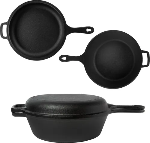 osoltus Kombi Topf Gusseisen 26cm - 3 Liter 2 Teile - Pfannen - Langlebiges Gusseisen-Kochgeschirr, ideal zum gleichzeitigen Kochen und Braten, sofort gebrauchsfertig mit einem vielseitigen Deckel, der auch als Grillpfanne dient.