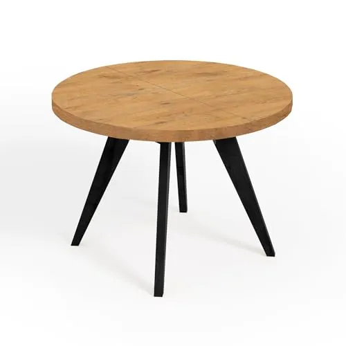 Dekori Möbel Runder Ausziehbarer Tisch LORA für Esszimmer - Esszimmertisch im Loft-Stil, ausziehbar von 90 bis 220 cm, mit stabilen Holzbeinen und elegantem Design in Eiche Lancelot/Schwarz.