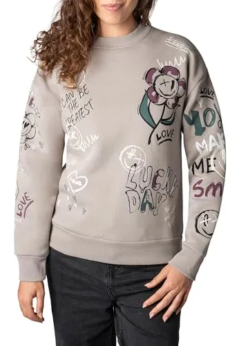 Sublevel Damen Pullover Langarm Sweatshirt Alloverprint Middle-beige XS