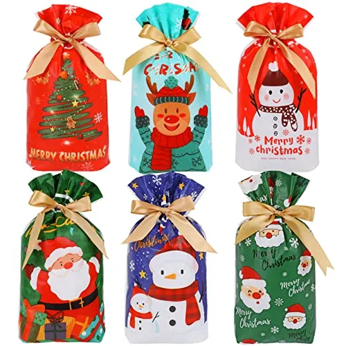 HOWAF Weihnachten Geschenktüte, 30 Stück Weihnachten Süßigkeiten Tüten Wiederverwendbare Kordelzug Partytüten Kleine Weihnachtstüten Kekstüten Geschenk Taschen plätzchentüten für Kinder Verpacken
