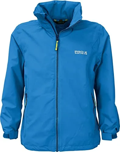 PRO-X Elements Kinder Finn Jacke (Größe 164, blau) - Funktionsjacke für Kinder, wasserdicht mit versteckter Kapuze im Kragen – perfekt für alle Wetterlagen