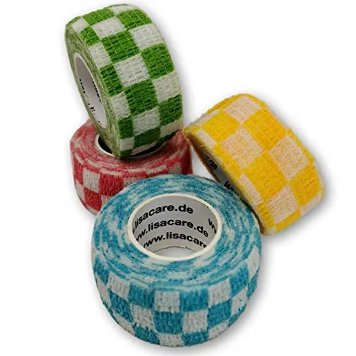 LisaCare Pflaster Rolle selbsthaftend - Fingerverband selbsthaftend elastisch wasserfest staub- fett- & schmutzabweisend Karo-Mix 4 Rollen á 2,5cm x 4,5m