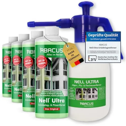 ABACUS Nell Ultra Algenentferner - Grünbelagentferner mit 1,8L Sprühflasche, selbsttätig und mit Langzeitschutz, ideal für Terrassen, Dächer und Gartenmöbel.