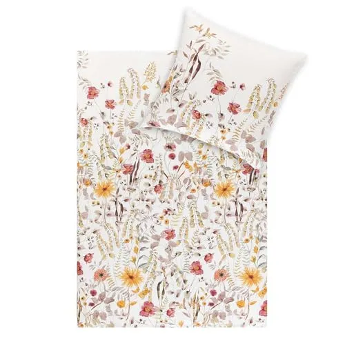 Estella Bio Mako Satin Bettwäsche 155x220 Adelia natur Wiesenblumen - Bettwäsche-Set aus 100% GOTS-zertifizierter Bio-Baumwolle, hautsympathisch und atmungsaktiv – ideal für ein angenehmes Schlafklima das ganze Jahr über.