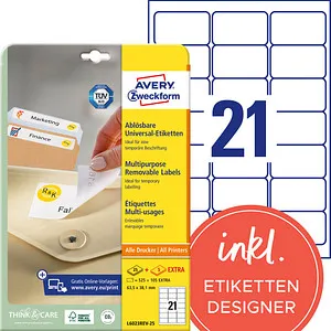 AVERY Zweckform Etiketten L6023REV-25 weiß 63,5 x 38,1 mm, 30 Blatt