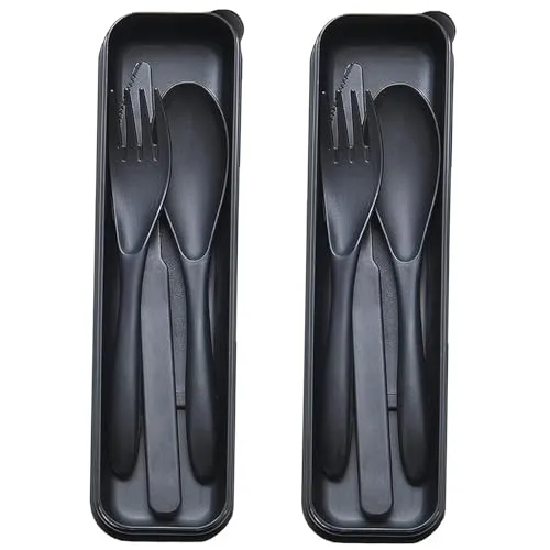 Reisebesteck-Set mit Etui, wiederverwendbare, 2 Sets tragbare Utensilien Plastikgabel Messer Löffel für Camping Picknick Arbeit Schule Täglicher Gebrauch (Schwarz)