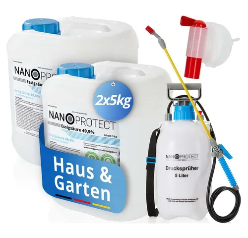 Nanoprotect Essigsäure Klimaneutral 10 kg - Reinigungsset mit Drucksprüher und Auslaufhahn - Reinigungsmittel mit 49,9% Essigsäure, ideal für kraftvolle und klimaneutrale Reinigung. Inklusive Drucksprüher und Auslaufhahn für einfache Anwendung.