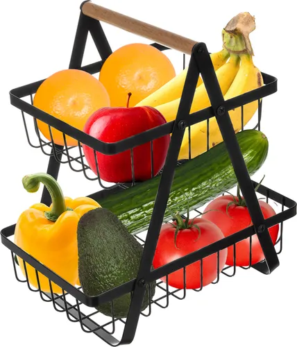 Platzsparende Obstkorb Etagere 2 Etagen Schwarz - Stylische Etagere aus pulverbeschichtetem Kohlenstoffstahl für Obst und Gemüse. Mit zwei Etagen und hohem Rand bietet sie optimalen Stauraum und passt perfekt in jedes moderne Zuhause.