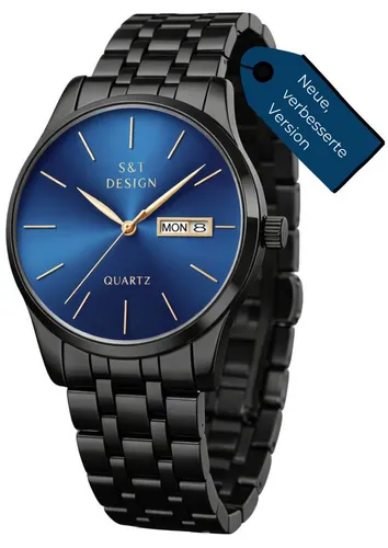 S&T Design Quarzuhr Herren Edelstahl Armbanduhr Schwarz