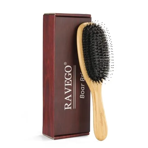 RAVEGO Haarbürste, Wildschweinborsten Haarbürste mit Nylonstiften, Bambus Paddel Entwirrbürste für lange Haare & Locken von Damen, Herren & Kinder, Massagebürste für die Kopfhaut