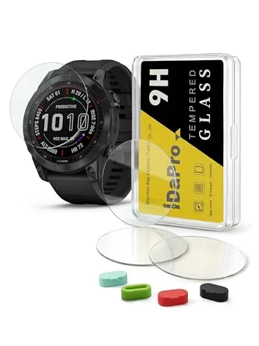 iDaPro [4Pcs Displayschutz schutzfolie für Garmin Fenix 7 / fenix 7 Sapphire Solar+[4Pcs] Silikon Staubstecker,Hartglas,9H Härte Glas,Kratzfest,Blasenschutz,Anti-Fingerabdruck,Einfache Installation