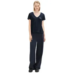 TOM TAILOR Denim V-Shirt 2er-Pack - Stylisches T-Shirt für Frauen mit Statement-Prints, taillenlang und aus elastischem Jerseystoff für optimalen Tragekomfort. Ideal für lässige Outfits.