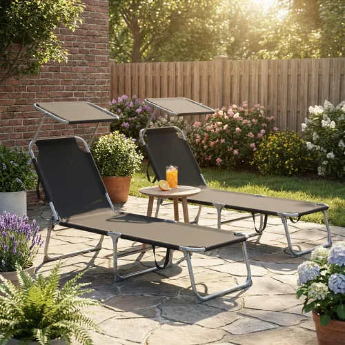 SONGMICS Klappbare Gartenliege mit verstellbarer Sonnenblende - Praktisches 2er Set, belastbar bis 110 kg. Ideal für entspannte Stunden im Freien mit robustem Material und modernem Design.