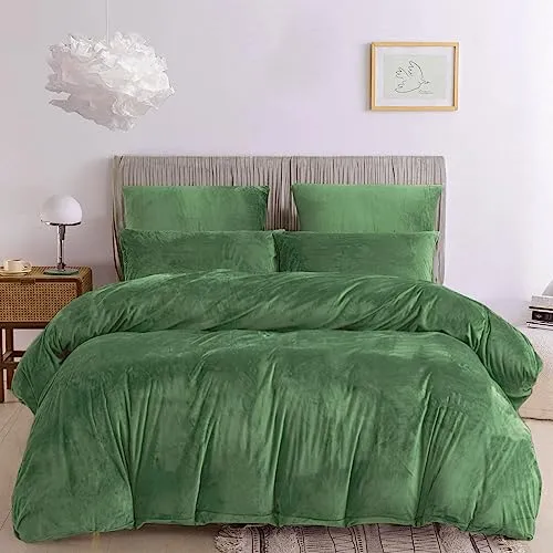 Damier Winter Plüsch Bettwäsche 135x200 Grün Dunkelgrün Warm Flauschig Kuschelig Plüsch Bettbezug Set Uni Einfarbig Samt Cashmere Touch Bettwäsche 2 Teilig mit Reißverschluss und 80x80 cm Kissenbezug