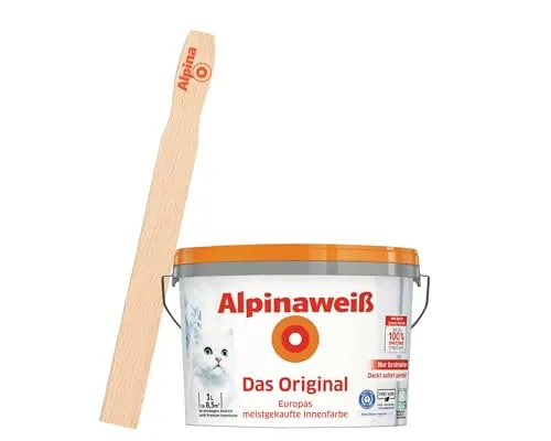 Alpinaweiß Das Original – optimal deckende und ergiebige weiße Wandfarbe – mit Spritz-Schutz-Formel – mit Rührholz (1 Liter)