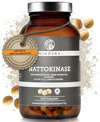 QIDOSHA® Nattokinase Kapseln hochdosiert - 28000 FU/g für höchste Enzymaktivität - Nattokinase Enzyme mit 28000 FU/g, vegan und sojafrei. Hergestellt in Deutschland, in nachhaltigen Gläsern, ohne Zusatzstoffe. Ideal für eine gesunde Lebensweise.