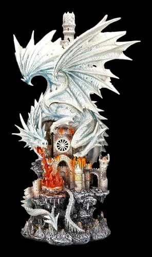 Große Drachenfigur in Weiß - Feuerspeiend auf Burg 61 cm - Sammlerfigur: Diese detailreiche Drachenstatue aus robustem Kunststein beeindruckt mit einer Höhe von 61 cm und abnehmbaren Flügeln für flexible Präsentation.
