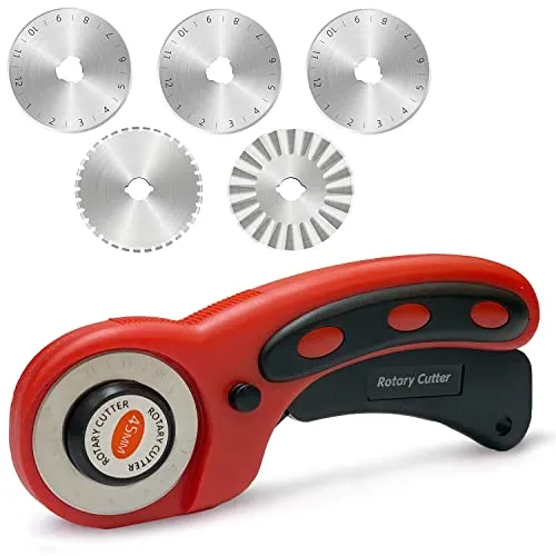 Rollschneider Set 45mm Rollklinge Edelstahl Stoffschneider mit Schutzmechanismus Rollenschneider Rollmesser mit 5 Stahlklinge für Schneiden von Stoff Leder Papier Tapete profi zum Nähen od. Basteln